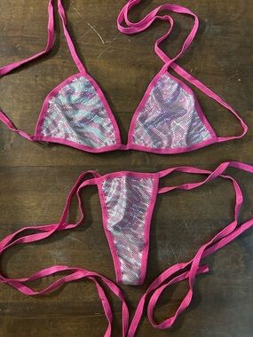 NWOT Sexy Skimpy Handmade Zebra Animal Print Triangle Top Thong Bottom Bikini